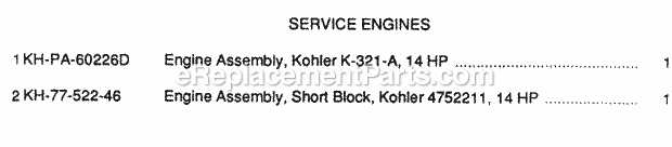 Service Engines Diagram and Parts List for 149 2050047U, 2050205U, 2050206U, 2050224U Cub Cadet Lawn Tractor